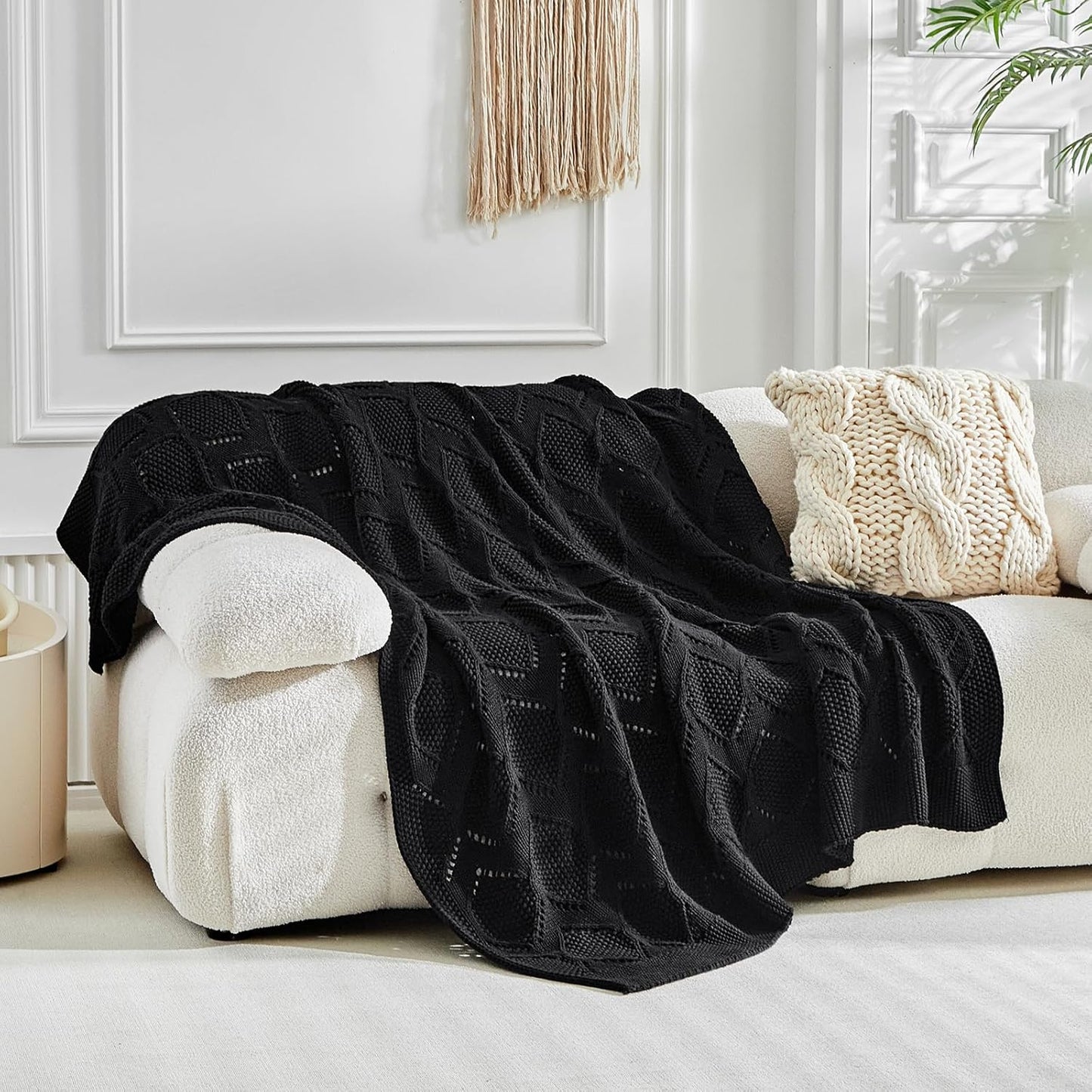Longhui bedding Chunky Cotton Knit Throw Blanket for Couch, Sofa, Bed, or Chair, Decorative Breathable Fall Cable Knit Blanket 60 x 80 Inches, Large Black