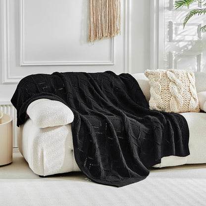 Longhui bedding Chunky Cotton Knit Throw Blanket for Couch, Sofa, Bed, or Chair, Decorative Breathable Fall Cable Knit Blanket 60 x 80 Inches, Large Black