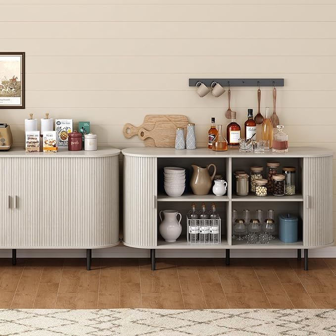 ONBRILL 55" Sideboard Buffet Cabinet with Storage, Storage Cabinet with Sliding Door & Adjustable Shelf, Modern Accent Coffee Bar Console Table for Kitchen, Entryway, Natural White