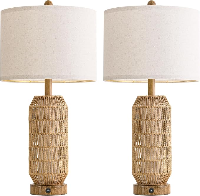 OYEARS 25" Table Lamps Set of 2 with Night Light,Bedside Lamps for Bedroom,Boho Lamps with USB C+A Charging Ports,Farmhouse Table Lamp with Rattan,Frosted Glass,Linen Shade (Wood Grain,Bulb Included)