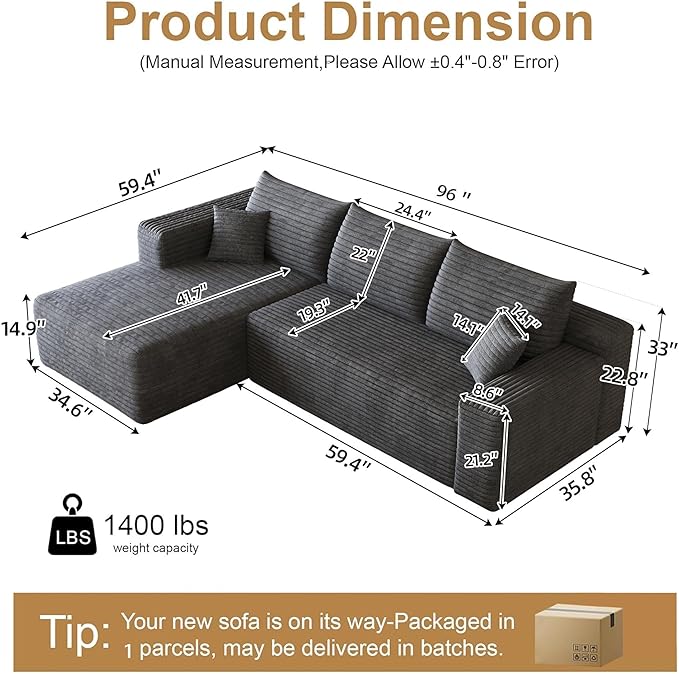 96" Sectional Couches for Living Room Modern Modular Sofa with L-Shape Couchs Upholstered Boneless Couch Deep Seat Sectional Couch with Chaise (Dark Grey, 96" Left Facing Chaise+2Seaters)