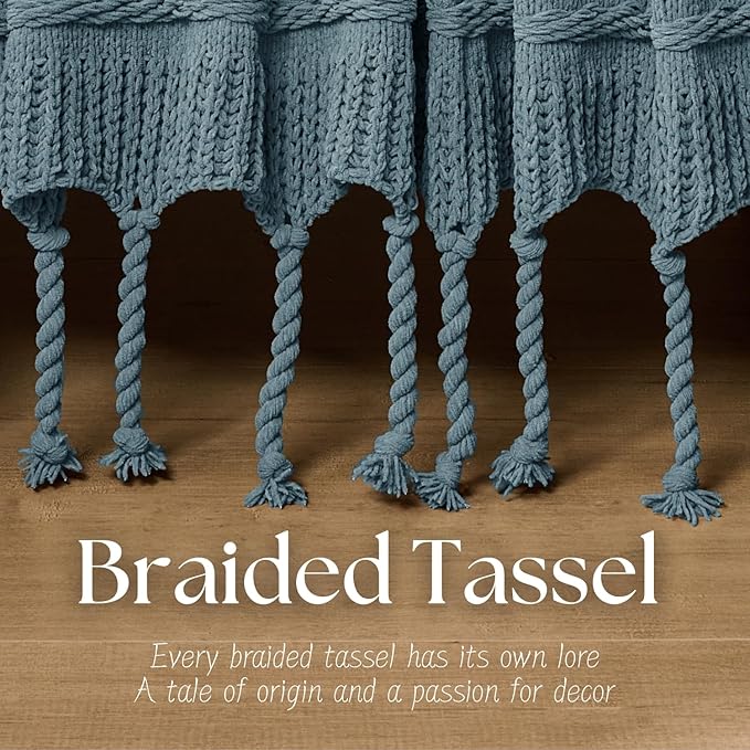 Boho Knitted Chenille Blanket with Tassels - Lightweight & Soft All-Season Throw - 3D Classic Pattern for Living Room Bedroom Couch, Celestial Blue, Twin 60"x80"