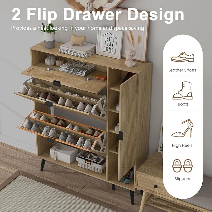 Shoe Storage Cabinet with 2 Flip Drawers, Narrow Shoe Cabinet for Entryway, Freestanding Slim Hidden Shoe Organizer Cabinet with Doors, Adjustable Shelf, Open Storage Space (Wood)