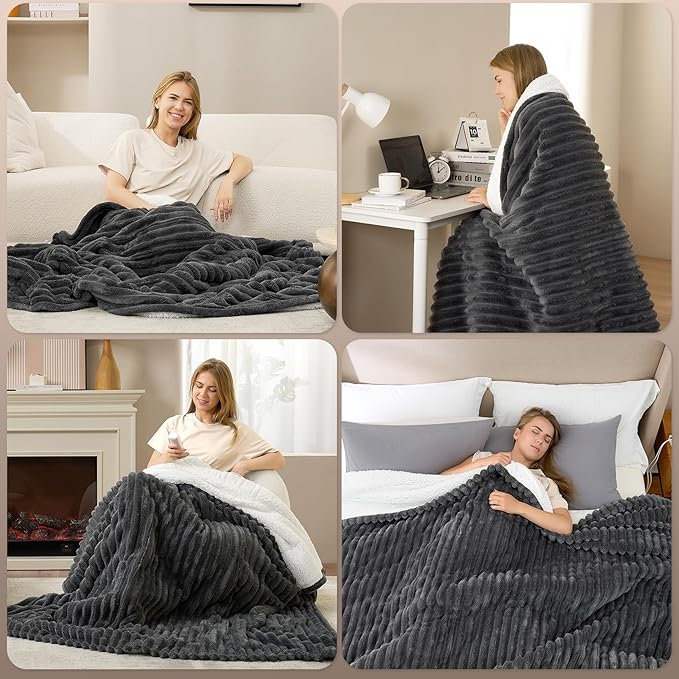 Hansleep Heated Blanket Electric Blanket Twin, Heating Throw with 9 Heating Levels and 10-Hour Timer Auto Shut Off, Washable Soft Warm Winter Blanket, 62 x 84 Inches, Dark Grey
