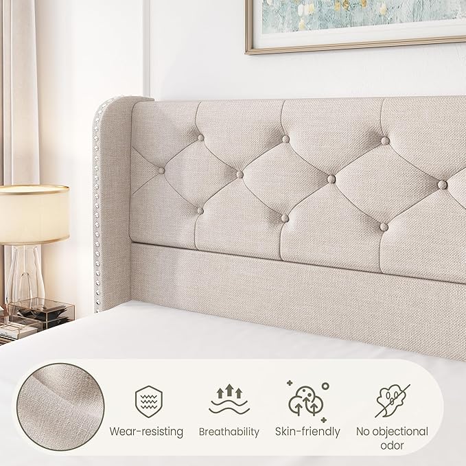 LARMACE Full Size Bed Frame with 4 Storage Drawers and Wingback Headboard Linen Upholstered Platform Bed Frame Tufted Beds with Wooden Slats Support, Easy Assembly, Beige