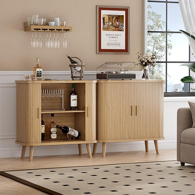Buffet Cabinet with Storage, Curved-Edge Fluted Storage Cabinet Sideboard, Modern Black Sideboard Buffet with Adjustable Shelves & Sliding Door for Dining Room, Kitchen, Entryway (Oak)