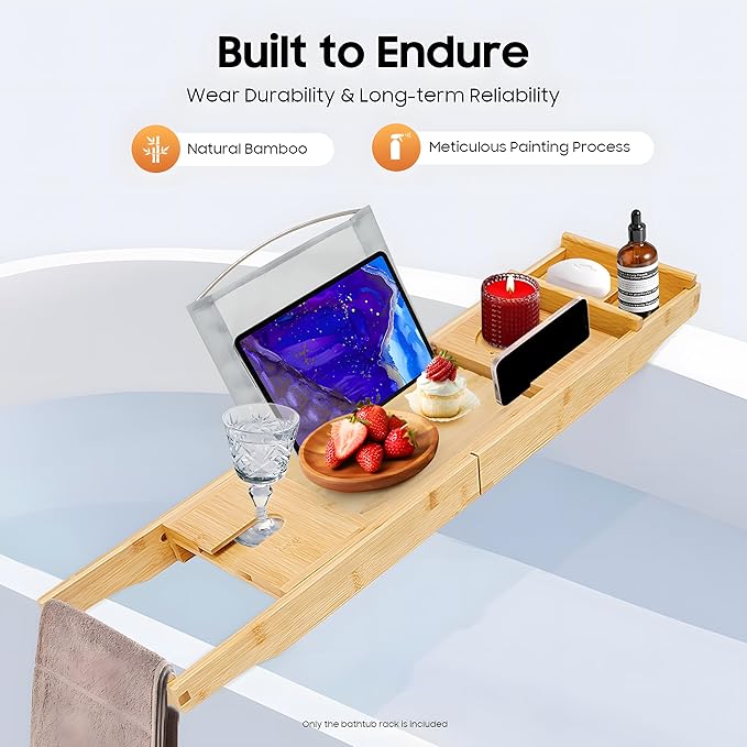 Bathtub Tray, Expandable Bamboo Bath Tray Wood Bath Caddy with Wine Glass Holder, Book & Tablet Stand for Bathroom Accessories Spa Relaxation Housewarming & Wedding Gift