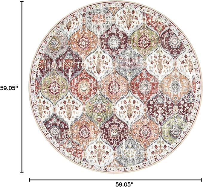 Lahome Moroccan Trellis Washable Round Area Rug, Round Rug 5ft Soft Non-Slip, Non-Shedding Distressed Circle Carpet for Bedroom Living Room Bathroom Nursery Kitchen, Orange/Terracotta