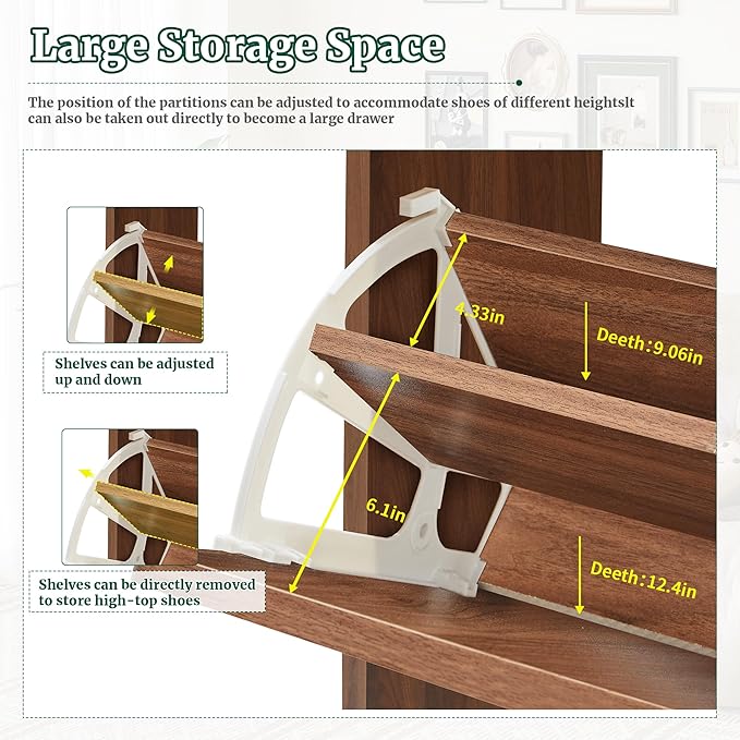 47" Fluted Large Shoe Cabinet with 4 Flip Drawers, Slim Freestanding Shoe Cabinet Organizer, Narrow Shoes Storage Rack for Entryway, 5 Sturdy Legs (All Walnut, 9.45" D x 47.24" W x 35.83" H)