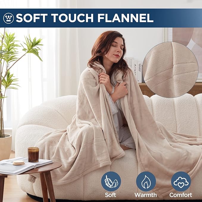 Westinghouse Electric Blanket Twin Size, Super Cozy Soft Flannel 62"" x 84"" Heated Blanket with 10 Fast Heating Levels & 1-12 Auto-Off, Machine Washable, ETL&FCC Certification, Beige