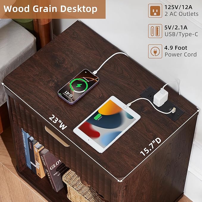 LEYAOYAO Fluted Nightstand with Charging Station, 23" Wide 1 Drawers Night Stand,Walnut End Table with Open Storage,Farmhouse Bed Side Tables, Wood Dresser for Bedroom, Living Room, Closet