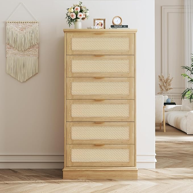 6 Drawer Tall Dresser for Bedroom, 50 Inch Tall Dressers & Rattan Chest of Drawers, Boho Style, Wood Modern Dressers Organizer for Bedroom, Living Room, Hallway, Entryway, Natural Oak