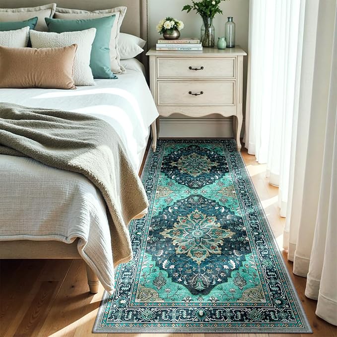 Area Rugs 3'x8' Washable Non-Slip, Floral Vintage Distress Print Pattern Medallion Carpet for Living Room Bedroom Dining Room, Teal Green Lake Blue Turquoise