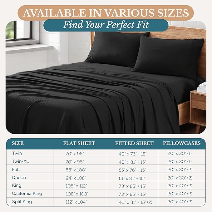 Casa Platino Ultra Soft Microfiber Bedding, Full Size Sheet Set with 15 inch Deep Pockets - Black
