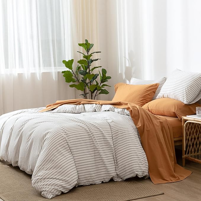 MooMee Bedding Sheet Set 100% Washed Cotton Linen Like Textured Breathable Durable Soft Comfy (Solid Burnt Orange, King)