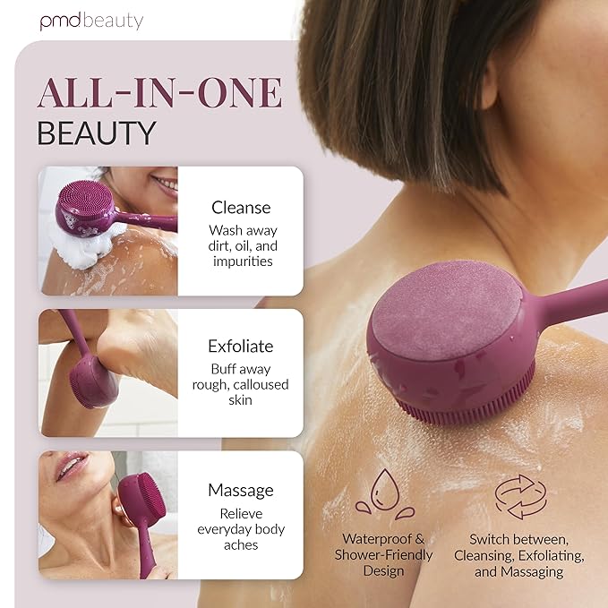 PMD Clean Body - Smart Body Cleansing Device with Silicone Brush & Three Interchangeable Attachments - Waterproof - SonicGlow Vibration - Cleanse, Exfoliate, & Massage Body
