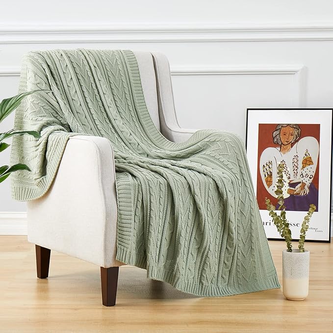 Aormenzy Sage Green Cable Knit Throw Blankets for Couch Bed Sofa, Acrylic Knitted Blanket, Soft Cozy Throw Blanket, 50" x 60"
