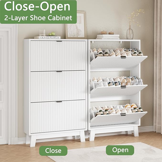 Shoe Cabinet with 3 Flip Drawers, 54" Tall Narrow Fluted Shoe Storage Organizer for Entryway, Hidden Slim Wooden Shoe Rack Cabinet for Front Door Entrance, Hallway, Living Room, Solid White