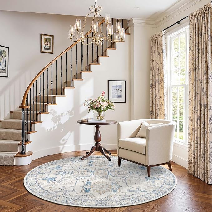 jinchan Round Rug 5ft Area Rug Indoor Vintage Floral Circle 5' Washable Ultra-Thin Low Pile Soft Small Non Slip Distressed Print for Living Room Dining Room Bedroom Entryway Blue