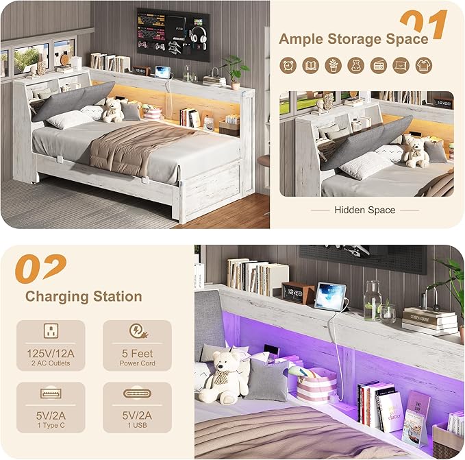 Corner Bed Frame with Extendable Trundle Bed and Bookcase Upholstered Headboard, 3-in-1 Twin Size Wood Daybed with LED Lights and Charging Station, for Bedroom, Guest Room, White