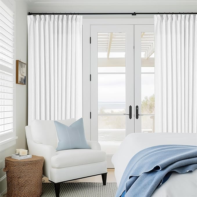 Pinch Pleated Extra Wide Linen Curtains 120 Inches Long for Patio Sliding Glass Door White 70 Inch Wide Pleated Drapes with Hooks Rings Neutral Natural Semi Sheer 70x120 Curtain for Living Room