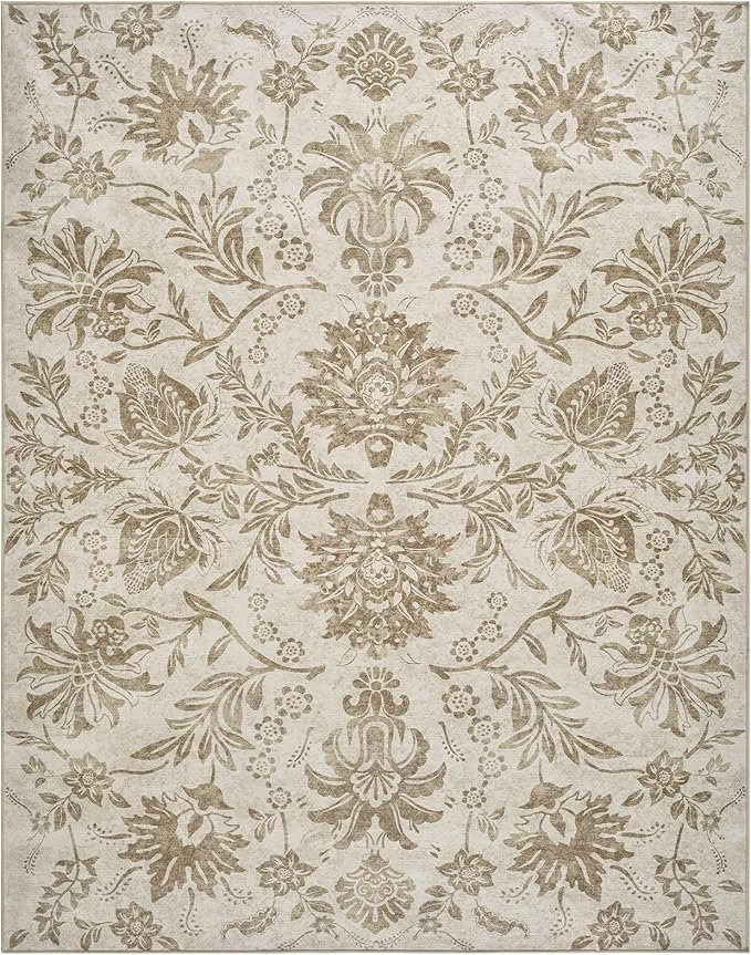 jinchan Torino Floral 5x7 Area Rugs, Vintage-Inspired Neutral Design Accent Rug, Machine Washable Ultra-Thin Low-Pile Non-Slip Traditional Carpet for Living Room Bedroom Dining Room Home Office, Taupe
