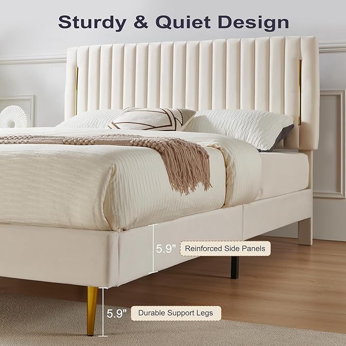 Queen Platform Bed Frame, Velvet Upholstered Bedframe with Vertical Channel Adjustable Headboard, Golden Plating Trim, Mattress Foundation with Wooden Slats, No Box Spring Needed, Beige