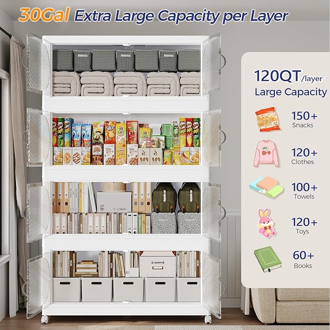 480QT Plastic Stackable Storage Bins with Lid, 120GAL Extra Large Collapsible Box with Wheels Clear Door, Foldable Closet Organizer Container Cabinet Drawer for Home Kitchen，4Pack, White