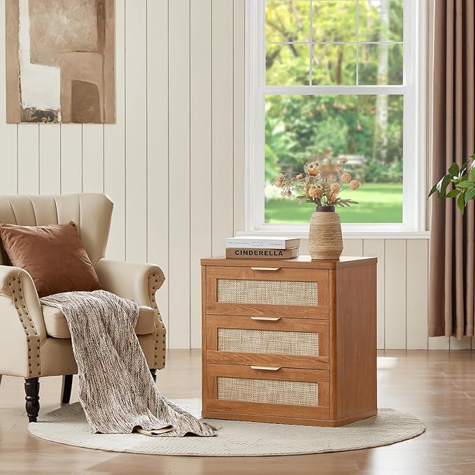 LEYAOYAO Rattan Dresser and Nightstand Sets 3 Piece, Boho Wood Dresser for Bedroom with 6 Drawers and Night Stand with 3 Drawer, Bedroom Furniture, Dressers & Chests of Drawers, Living Room, Hallway