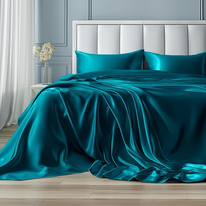 Bedsure Satin Sheets Queen Size - 4 Piece Silky Bedsheets with 15 Inches Deep Pocket Fitted Bedsheet,1 Flat Sheet, 2 Satin Pillowcases, Good for Hair & Skin (Queen, Teal)