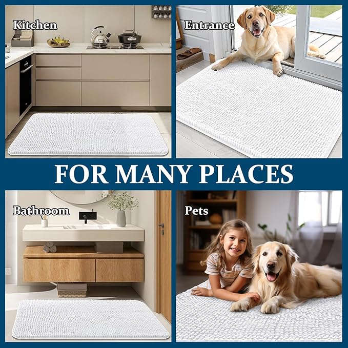 OLANLY Dog Door Mat for Muddy Paws 70x24, Absorbs Moisture and Dirt, Absorbent Non-Slip Washable Doormat, Quick Dry Chenille Mud Mat for Dogs, Entry Indoor Entryway Carpet for Inside Floor, White