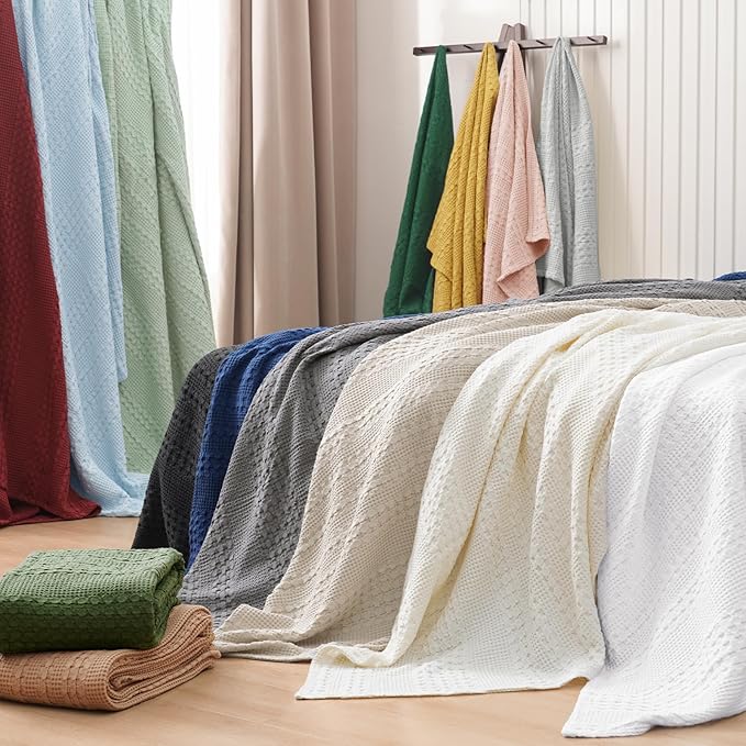 PHF 100% Cotton Waffle Weave Blanket King Size for Bed, Soft Lightweight & Breathable, All-Season Comfort, Luxury Aesthetic Woven Bedding for Home Decor, 108"x90", Light Grey