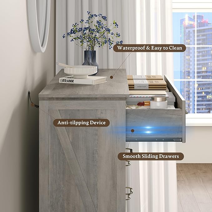 Farmhouse 8 Drawers Dresser for Bedroom, 48" Wide Modern Chest of Drawers with Deep Drawers & Bar Handles, Rustic Wood Dresser TV Stand, Wooden Closet Storage Organizer for Living Room, Hallway, Grey