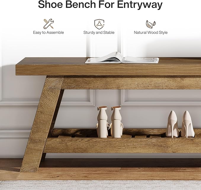 Tribesigns 55" Wood Entryway Bench with Shoe Storage, Large 2-Tier Narrow Hallway Foyer Seating Bench with Open Shelves for Entryway, Bedroom, Mudroom
