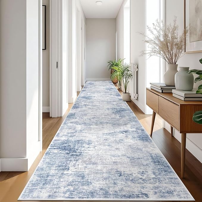 IOHOUZE Abstract Runner Rug 3x18 Ft Washable Runners for Hallways, Non Slip Kitchen Runner Printed Faux Wool Entryway Runner Indoor, Modern Abstract Floor Carpet for Hall Stair, Light Blue White