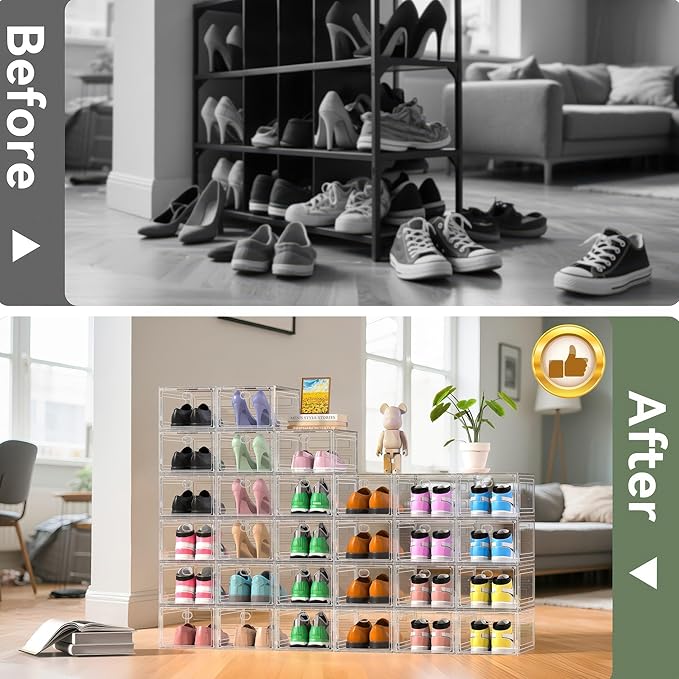 Thicken Hard Clear Shoe Storage Organizer for Closet, 12 Pack Modular Plastic Stackable Shoe Storage Box Organizer, Shoe Sneaker Rack Display Case Containers Bins with Lids, White