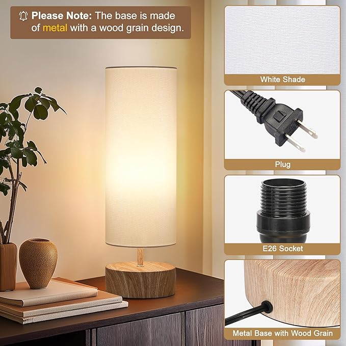 Touch Table Lamp with Metal Base Covered with Wood Grain, 3 Way Dimmable Bedside Nightstand Lamp with White Shade, Simple Night Light for Bedroom Living Room Home Office, LED Bulb Included