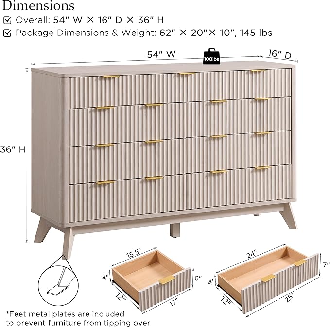 T4TREAM Fluted 9 Drawers Dresser, 54" Wide Modern Chest of Drawers, Curved Profile Design, Dresser TV Stand, Wood Drawer Organizer for Bedroom, Living Room, Hallway, White Alder