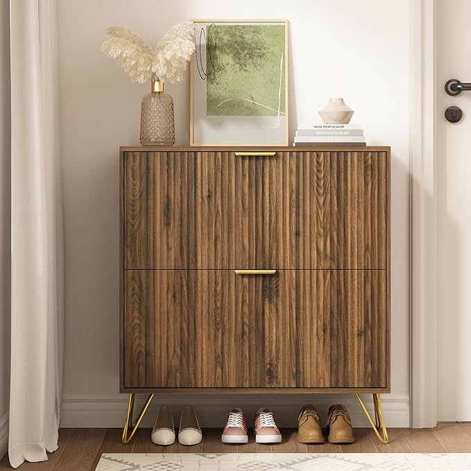 Shoe Cabinet with 2 Flip Drawers Walnut, Fluted Shoe Cabinet Storage for Entryway Slim, Mid Century Narrow Shoe Organizer, Modern Freestanding Shoes Rack for Entryway, Walnut