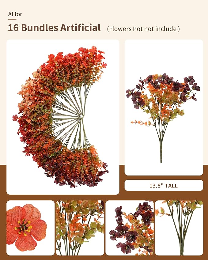 Artificial Mums Outdoor Fake Fall Flowers Decorations for Home,16 Bundles Silk Faux Mum Plants Look Real UV Resistant for Outside,Autumn Decor for Porch,Patio,Front Yard & Planters,Thanksgiving