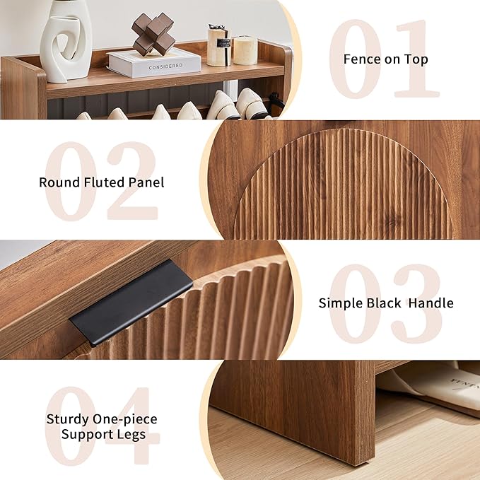 Narrow Shoe Cabinet with 2 Flip Drawers for Entryway,Wood Slim Shoe Rack Cabinet, Freestanding Hidden Shoe Storage Organizer, Space-Saving, Round Fluted Pattern for Hallway,Living Room (Walnut)