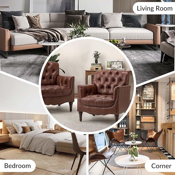 HULALA HOME Mid Century Modern Leather Club Chairs Set of 2, Top-Grain Genuine Leather Armchairs with Button-Tufted Back & Solid Wood Legs, Accent Chairs for Living Room/Bedroom/Home Office, Brown