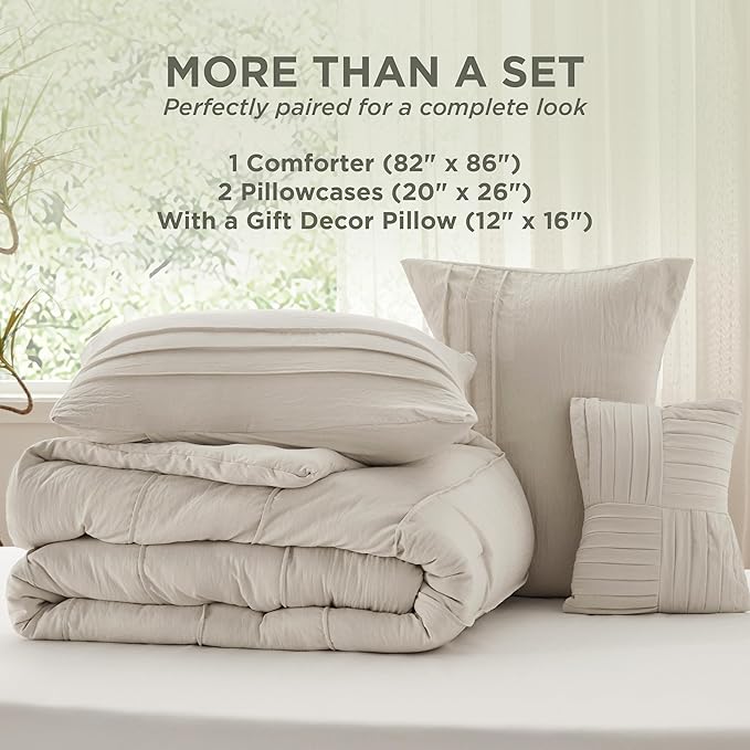 Bedsure Full Comforter Set - 4 Pieces Pinch Pleat Bed Set, Beige Boho Bedding for All Season, 1 Soft Comforter, 2 Pillowcases, 1 Decorative Pillow