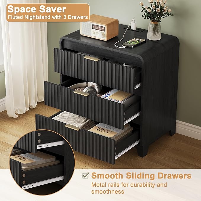 3 Pcs Bedroom Furniture Set, 8 Drawer Fluted Dresser and Nightstand Set of 2 with Charging Station, Modern Bed Side Table Chest of Drawers Storage Cabinet Set for Bedroom, Living Room, Black