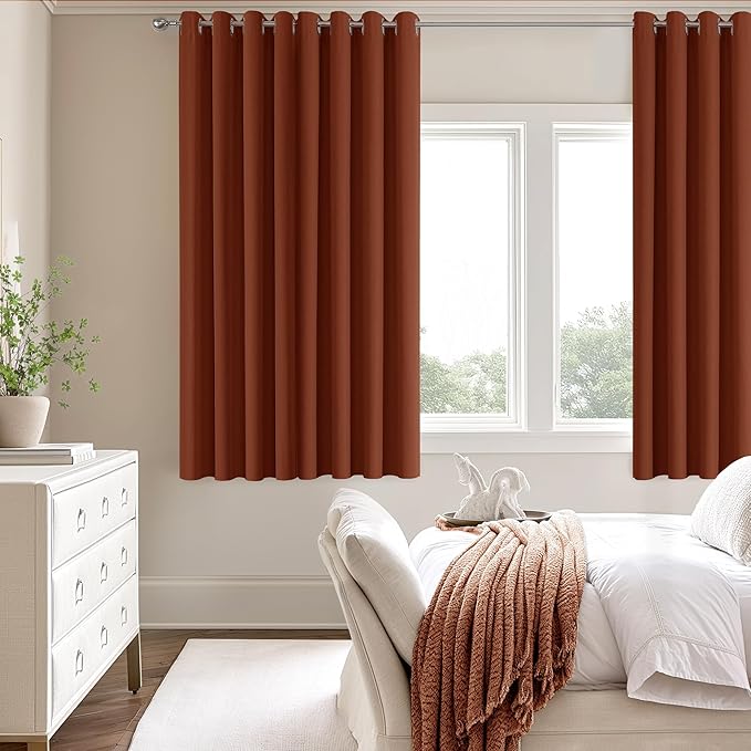 ChrisDowa 100% Blackout Terracotta Solid Curtains 63 Inches Long 2 Panels for Bedroom Living Room,Farmhouse Room Darkening Thermal Insulated Soundproof Grommet Top Window Treatment Drapes,52x63