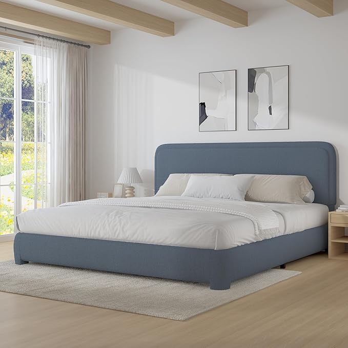 BarnFurin Boucle Upholstered Bed Frame King Size/Cloud Bed Frame/Soft Rounded Corners Headboard/Low Profile/No Box Spring Needed/Blue