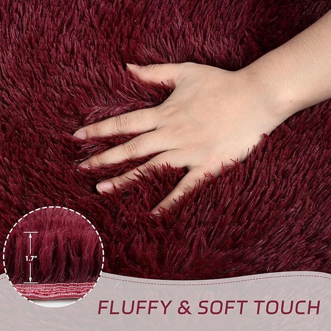 duduta Burgundy Plush Runner Rugs 2x6 ft, Fluffy Shag Rug for Bedroom Nursery Bedside, Machine Washable Non Slip