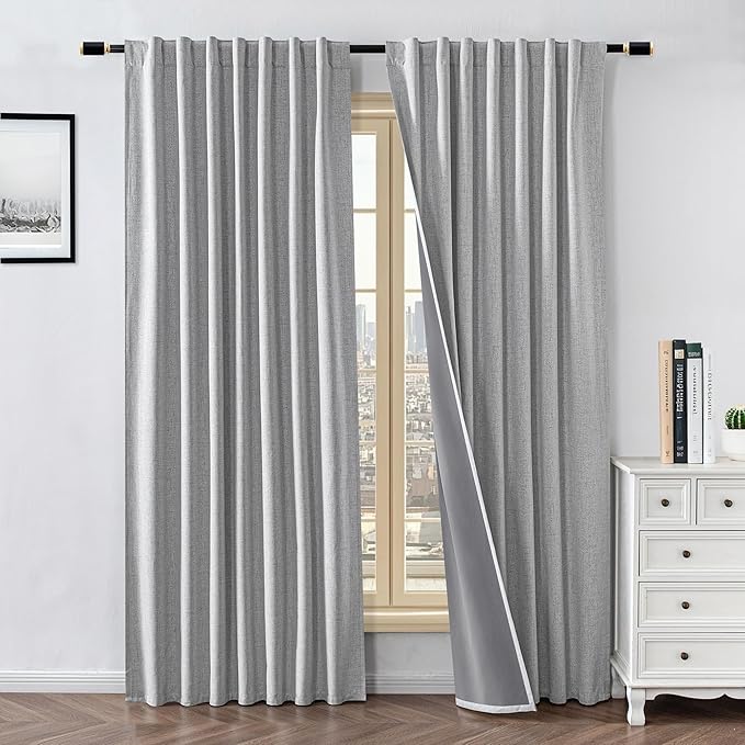 100% Blackout Curtains for Living Room, 90 Inch Curtains 2 Panel Set Light Blocking, Back Tab & Rod Pocket Thermal Insulated Drapes Bedroom Windows Home Decor(52W × 90L inch, Greyish White)