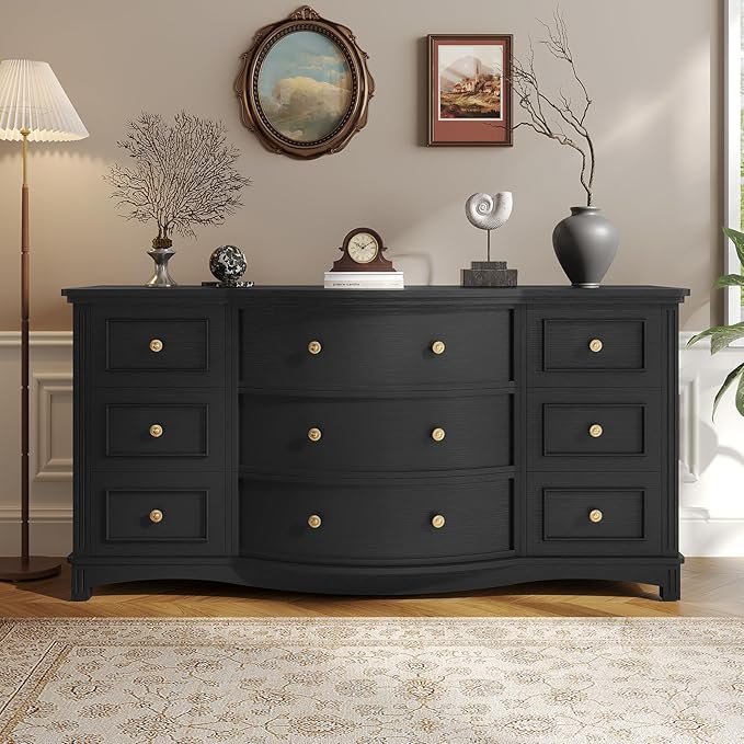 9-Drawer Chest, Wide Dresser with 3 Large Arc Fronts,Roman Column Decor, Spacious Bedroom Storage Furniture, 55 Inch Long (Black, 9 Drawer)