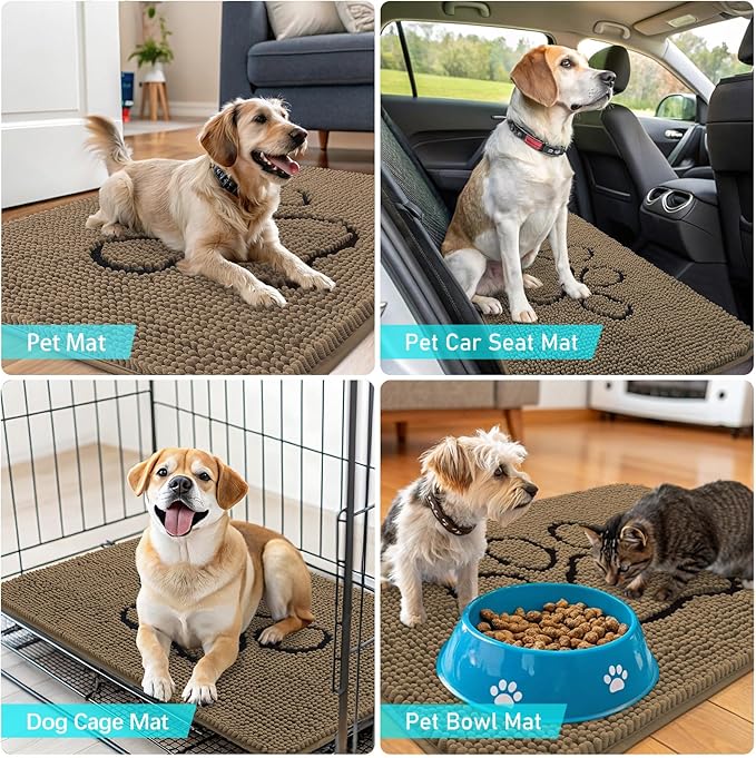 OLANLY Dog Door Mat for Muddy Paws 24x16, Paw Print Design, Absorbs Moisture and Dirt, Absorbent Non-Slip Washable Doormat, Quick Dry Chenille Mud Mat for Dogs, Entry Indoor Entryway Carpet, Tan